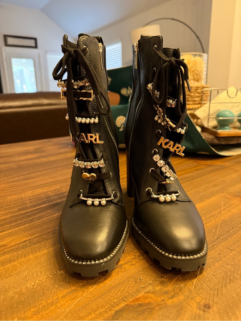 Karl Lagerfeld Black Embellished Lace-Up Platform Ankle Boots